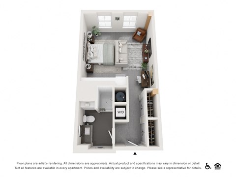 a stylized floor plan of a 1 bedroom apartment